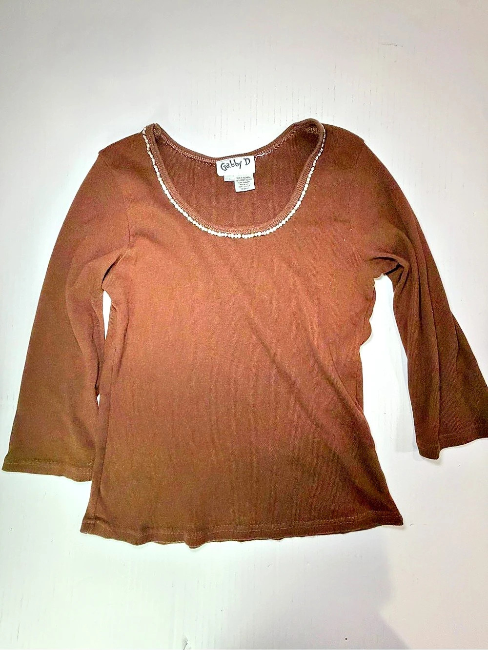 Y2K 2000s Gabby D Brown Rhinestone Scoop Neck 3/4 Sleeve Top L